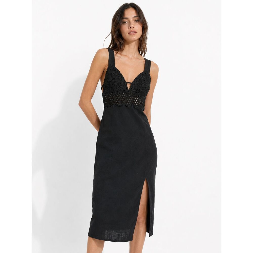 H&M Womens Linen Blend Eyelet Midi Dress Medium Black Lace Boho Whimsigoth New